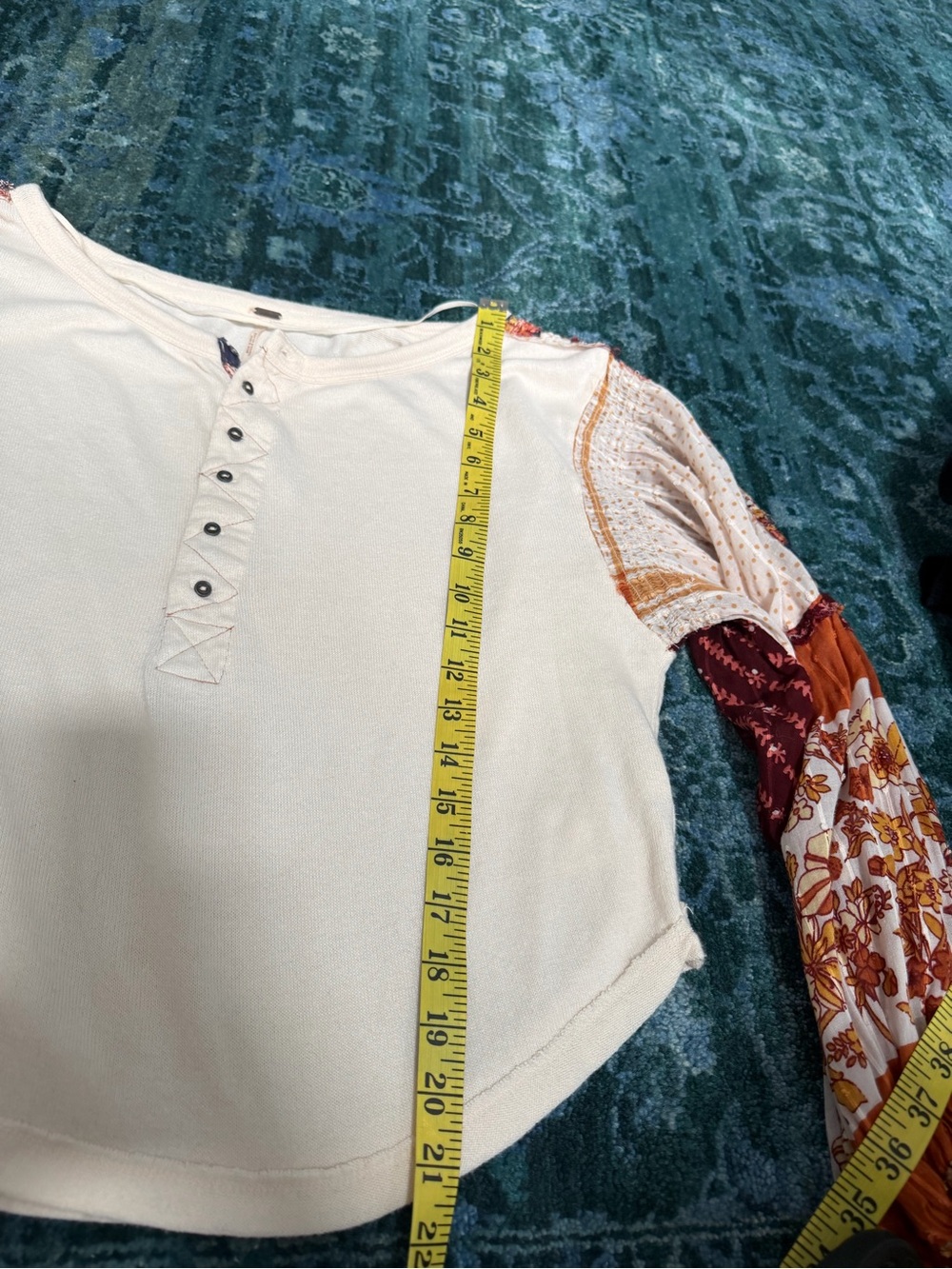 Free People Cream Henley Top with Rust and Maroon Patchwork Sleeves - Picture 6 of 12